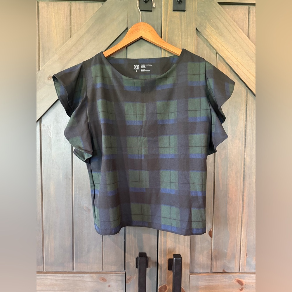 Albion Plaid Flutter-Sleeve Blouse in Green and Blue